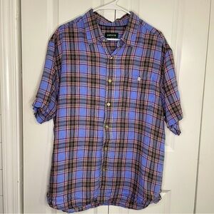 Orvis Blue Red Plaid 100% Linen Size Large Button Up Short Sleeve Men’s Summer